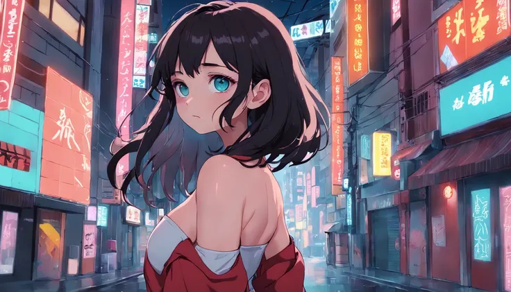 1girl, breasts, A dark-haired, off shoulders, large breasts, Animated scene of street with neon signs and buildings, standing, lofi hip hop, lofi artstyle, lofi art, chillhop, lofi, anime movie background, Anime Background, lofi aesthetic, Wit Studio Anime...