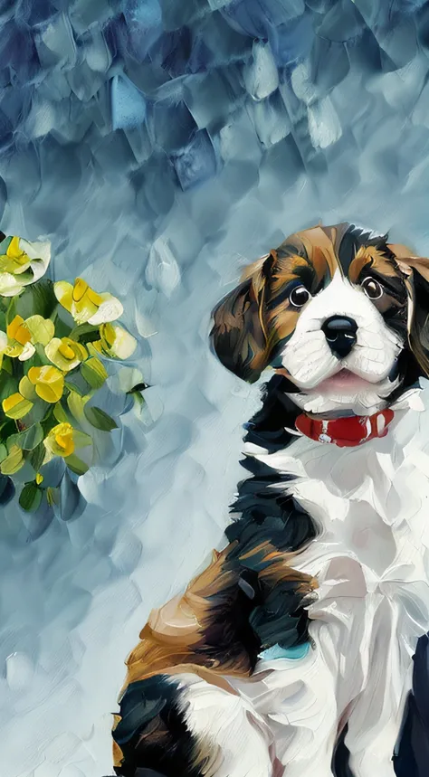 ((unity 8k wall paper、ultra-detailliert、Beautifully Aesthetic、​masterpiece、top-quality))、((beautiful painting style)、Best Quality、highly detailed figure、((１Super cute too cute colorful puppy))、Ink covered with gouache、