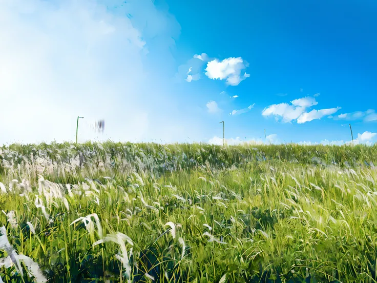 tall grass in a field with a blue sky in the background, grass field surrounding the city, blue sky and green grassland, in a large grassy green field, grassy field, long thick grass, field of grass, grassy fields, sunny day with clear sky, long grass in t...