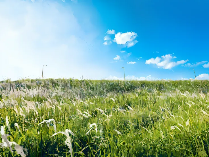 tall grass in a field with a blue sky in the background, grass field surrounding the city, blue sky and green grassland, in a large grassy green field, grassy field, long thick grass, field of grass, grassy fields, sunny day with clear sky, long grass in t...