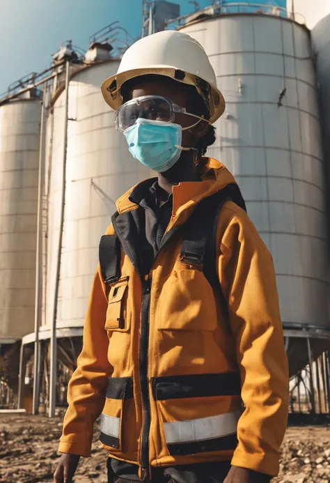 a black child dressed in PPE (capacete, corda, WMASK, eyeglass, Work safety clothing to enter the soy silo in Brazil), The environment has silos and grain dryer, hq anime, 4k, Realistic