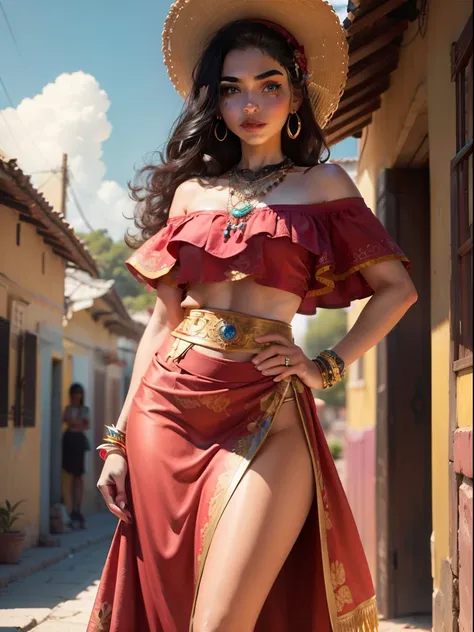 ((Masterpiece - Illustrations - Detailed - Best Quality)) - classic 50s Style - Alexander Gunin Style - insanely beautiful Mexican Woman - Aztec - Long Waiver Black Hair - Dark Brown Skin - pristine hazel eyes - Absolute Stunning Look - Traditional Wear Me...