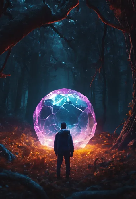 young man found a glowing crystal orb in a dark forest