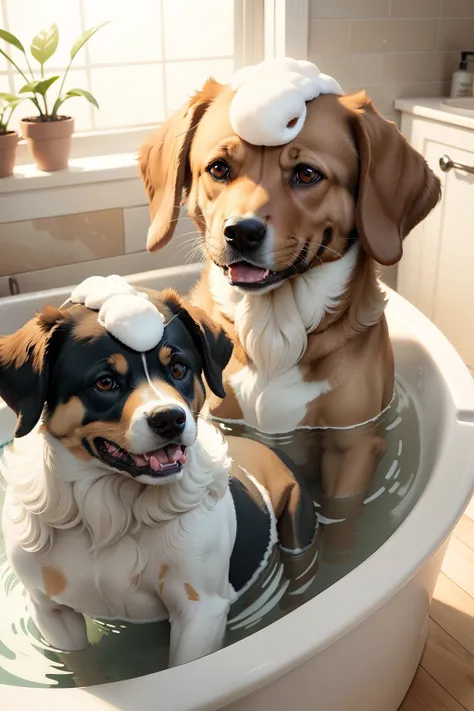 Happy dogs in the bath and grooming