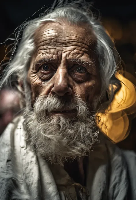 An epic close up portrait of elderly intense sinister eyes, and nose with long white beard, framed with a faded ancient tattered white linen hood, reflecting gold sparks in the irises of the eyes, white eyebrows, at night, dramatic lighting, high contrast,...