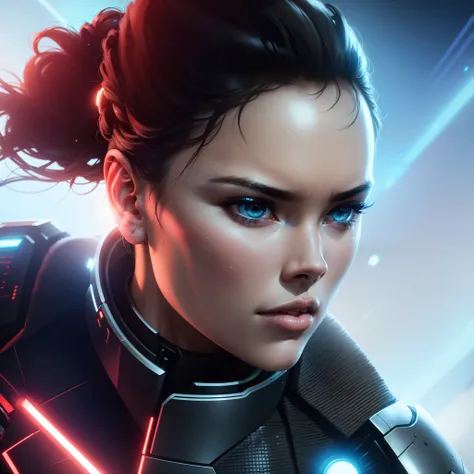 a close up action shot of epic Sci fi Hot Daisy Ridley, Detailed clothing details, Liquid effect, space, Interstellar battlefield photography, natural light, photorealism, cinematic rendering, ray tracing, the highest quality, the highest detail, Cinematic...