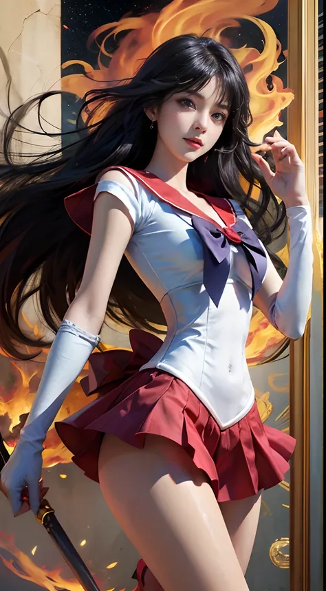 a fire-rei that matches the original painting of sailor moon, delicate face, purple bow, sailor mars fireno-rei, full body, japa...