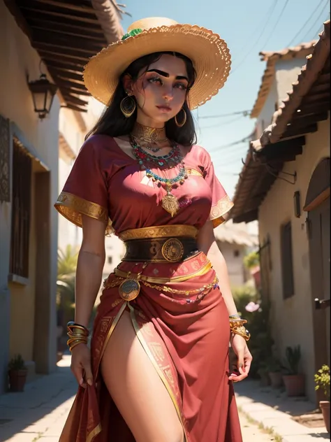 ((Masterpiece - Illustrations - Detailed - Best Quality)) - classic 50s Style - Alexander Gunin Style - insanely beautiful Mexican Woman - Aztec - Long Waiver Black Hair - Dark Brown Skin - pristine hazel eyes - Absolute Stunning Look - Traditional Wear Me...