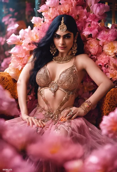 film actress big boobie adah sharma in a fantasy flowers garden she laying on a golden throne, realistic neon eyes, wearing a sexy transparent realistic lingerie, huge jwellery, curvy body, big breast, large cleavage, low lighting, colourfull, sharpen, 70m...