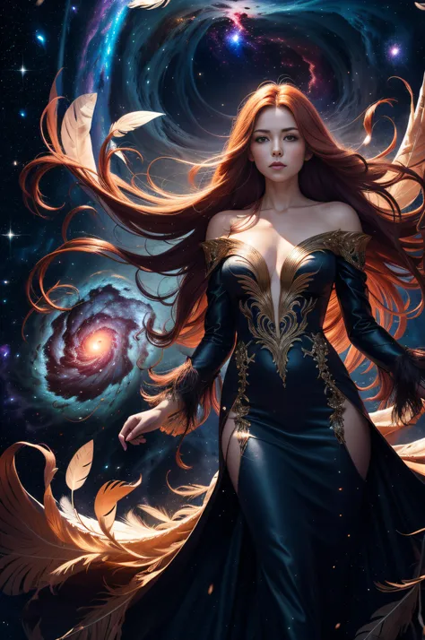 professional photo of a solo redhead woman floating (in space)+, ornate feather gown, long (flowing feathers)+, long flowing hair, detailed face, ambient lighting, dynamic motion, (nebula background)+