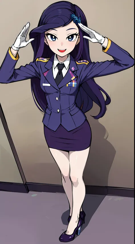 masterpiece,best quality,1girl,solo,mlprarity,colored skin,hair ornament,purple hair,blue eyes,military uniform,blazer, pencil skirt, high heels, standing at attention, straight back, saluting, full body, smile