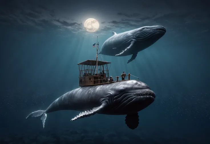 whales trap human hunting boat ocean night moonlight save god