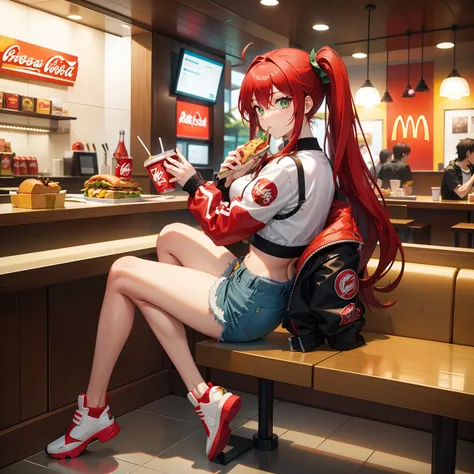 Full body shot, female asian Irina Shidou red hair twintails green eyes, in a McDonalds restaurant, wearing a bomber jacket and crop top and denim shorts, eating a cheeseburger and drinking a Coca-Cola, side shot, back shot, shot from backside, behind shot...