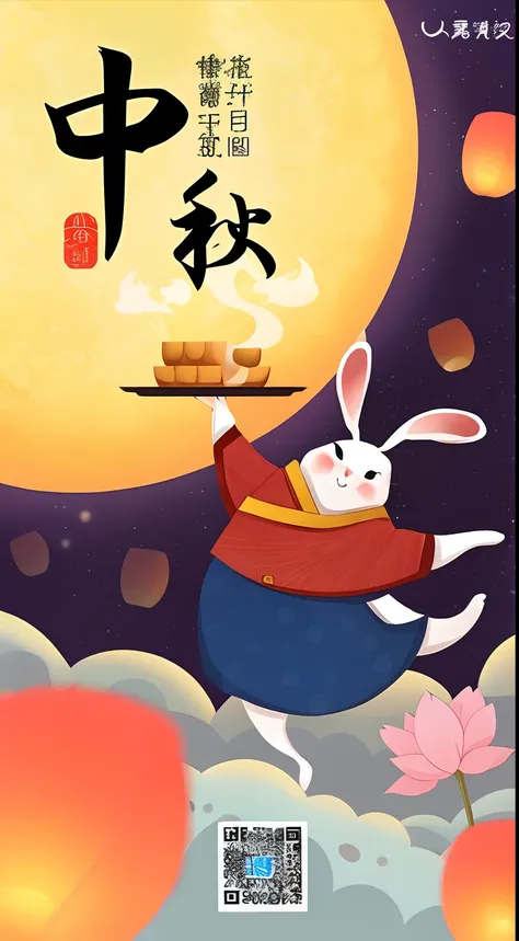 There was a rabbit holding a tray，There is food on it, Moon cake!, A beautiful artwork illustration, komono, inspired by Kanbun Master, edgBunny_Character, inspired by Luo Ping, inspired by Hanabusa Itchō, cute anthropomorphic bunny,