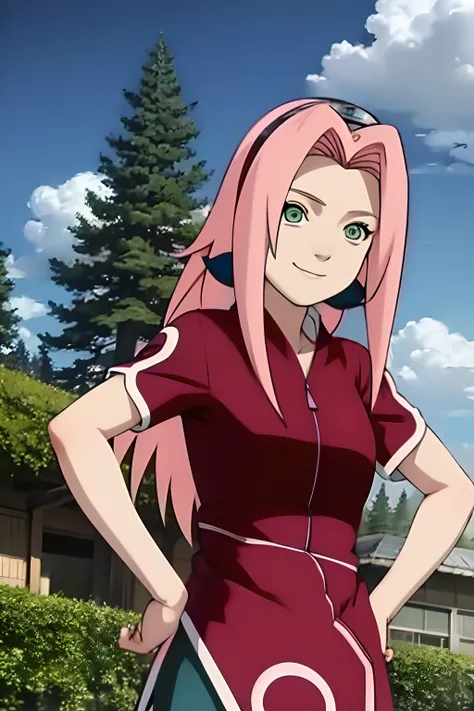 masterpiece, best quality, 1girl,haruno sakura, pink hair, long hair, green eyes, forehead protector, smile, hands on hips, blue...