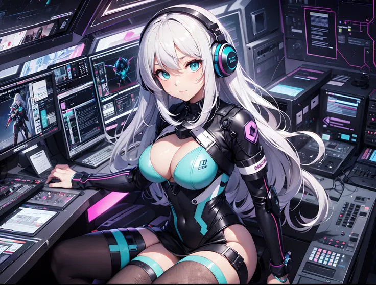 Absurd resolution, High resolution, (masutepiece: 1.4), Hyper-detailing, Silver-haired young woman dressed as technician, Blushing、Anxious look, neons、Sitting in a very narrow and closed mecha cockpit、Women of high quality, Punk rock techno, Holoscreen, Ad...