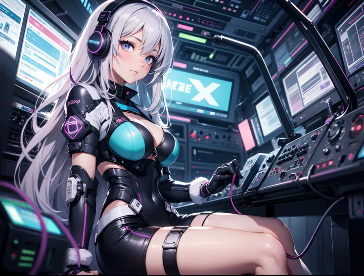 Absurd resolution, High resolution, (masutepiece: 1.4), Hyper-detailing, Silver-haired young woman dressed as technician, Blushing、Anxious look, neons、Sitting in a very narrow and closed mecha cockpit、Women of high quality, Punk rock techno, Holoscreen, Ad...