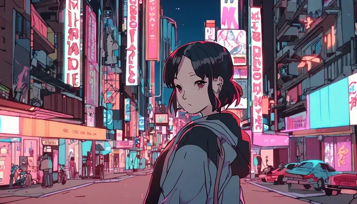 1girl in, breasts, A dark-haired, off shoulders, Large breasts, The tattoo, piercings, Animated scene of street with neon signs and buildings, Standing, lofi hip hop, lofi artstyle, lofi art, chillhop, lofi, anime movie background, Anime Background, lofi a...