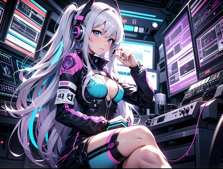 Absurd resolution, High resolution, (masutepiece: 1.4), Hyper-detailing, Silver-haired young woman dressed as technician, Blushing、Anxious look, neons、Sitting in a very narrow and closed mecha cockpit、Women of high quality, Punk rock techno, Holoscreen, Ad...