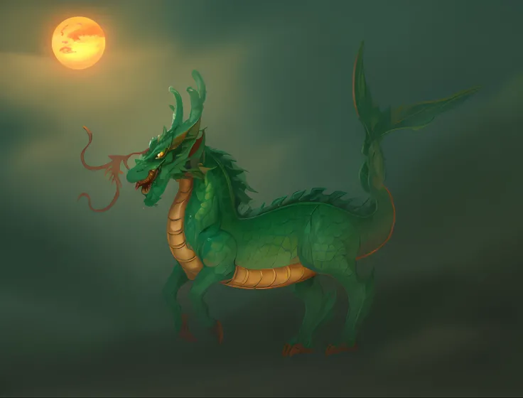 A dark green dragon with a long tail and tail.,In the sea there are waves.,evening,Orange Sun, a dragon, Mythical Creatures, Mythical Creatures, Dragon Horned Curve!, anthropomorphic dragon, Chinese dragon, as an anthropomorphic dragon, Color painting, smo...