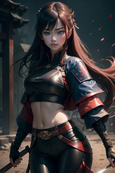 (Best quality, 8K, Ultra HD: 1.3), an Quority《Asian woman》，holding samurai sword，leather clothes，leather pant，Brown hair long，The face is incredibly delicate，Red and blue eyes