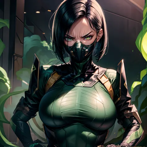 Masterpiece, Best quality,Look at the woman from below ，《Fearless viper》, tightsuit, mitts, belt, thigh boots, respirator, view the viewer, face, Portrait, Close-up, Glowing eyes, green smoke, Black background,huge tit，Raised chest，Close-up of chest，chest ...