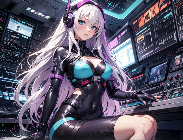 Absurd resolution, High resolution, (masutepiece: 1.4), Hyper-detailing, Silver-haired young woman dressed as technician, Blushing、Anxious look, neons、Sitting in a very narrow and closed mecha cockpit、High Quality Women, Punk rock techno, Holoscreen, Adult...