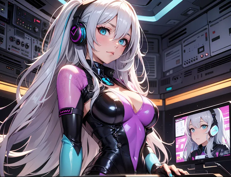 Absurd resolution, High resolution, (masutepiece: 1.4), Hyper-detailing, Silver-haired young woman dressed as technician, Blushing、Anxious look, neons、Sitting in a very narrow and closed mecha cockpit、High Quality Women, Punk rock techno, Holoscreen, Adult...