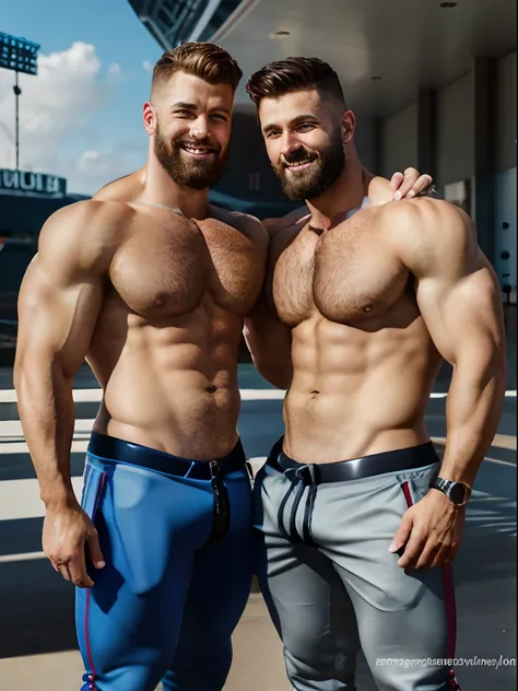 Alternative future, three handsome muscular Scandnavian soldiers on vacation, 50 years, hairy bodies, alpha males, bulk huge biceps, baseball pants, sunny stadium, snuggle together, threesome, sexy smile, 4k, high detailed, handsome, dark age, art by Stanl...