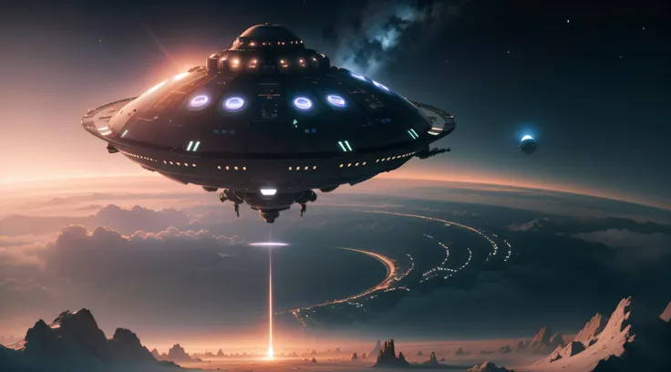 A huge swarm of alien flying saucers is preparing to descend on Earth in outer space，The atmosphere is solemn and terrifying，Realistic sci-fi style，Cinematic 8K scenes