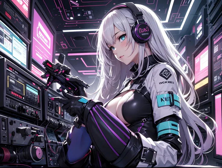 Absurd resolution, High resolution, (masutepiece: 1.4), Hyper-detailing, Silver-haired young woman dressed as technician, Blushing、Anxious look, neons、Sitting in a very narrow and closed mecha cockpit、High Quality Women, Punk rock techno, Holoscreen, Adult...