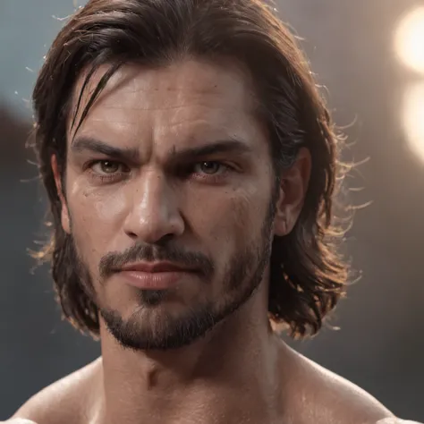 (Professional 3D rendering:1.3) de (Realistic:1.3) Foto de arte mais bonita do mundo，Features soft, bright male heroes, ((Epic hero fantasy rough muscular man wet hero angry look long hair short beard and fierce expression in dynamic pose, fantastic locati...