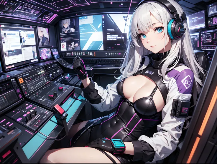 Absurd resolution, High resolution, (masutepiece: 1.4), Hyper-detailing, Silver-haired young woman dressed as technician, Blushing、Anxious look, neons、Sitting in a very narrow and closed mecha cockpit、High Quality Women, Punk rock techno, Holoscreen, Adult...