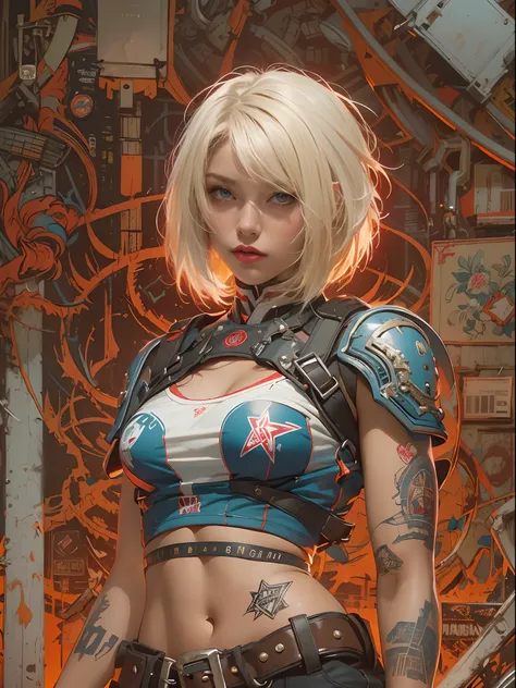 ((top-quality、8K、32K、​masterpiece、nffsw:1.3)), (superfine illustration)、(超A high resolution), (((adult body))), (((1girl in))), ((( Bob Shorthair ))), 25-year-old cyberpunk gladiator with a perfect body, Shoulder pads with metal spines, Gladiadores in Broo...