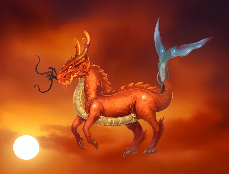 A dragon with a long tail and tail.., evening,evening,Orange Sun,a dragon, Mythical Creatures, Mythical Creatures, Dragon Horned Curve!, anthropomorphic dragon, Chinese dragon, as an anthropomorphic dragon, Color painting, smooth chinese dragon, chinese dr...