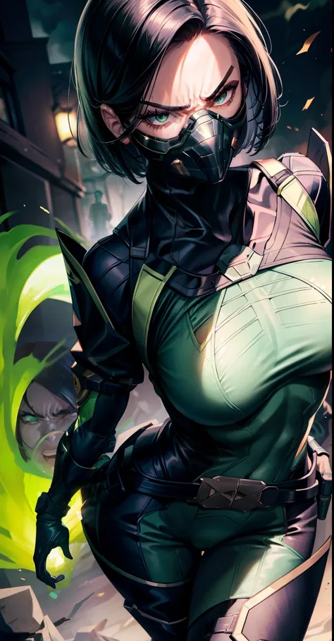 Masterpiece, Best quality,Look at the woman from below ，《Fearless viper》, tightsuit, mitts, belt, thigh boots, respirator, view the viewer, face, Portrait, Close-up, Glowing eyes, green smoke, Black background,huge tit，Raised chest，Close-up of chest，chest ...