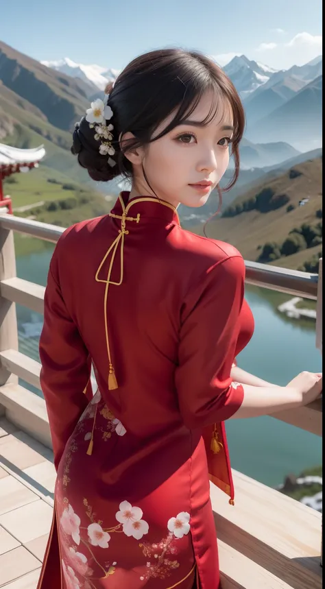 Ultra HD face，1 woman,Red cheongsam beauty， beautiful  face，Above the snowy mountains,Plum blossoms are in full bloom，Snowy days