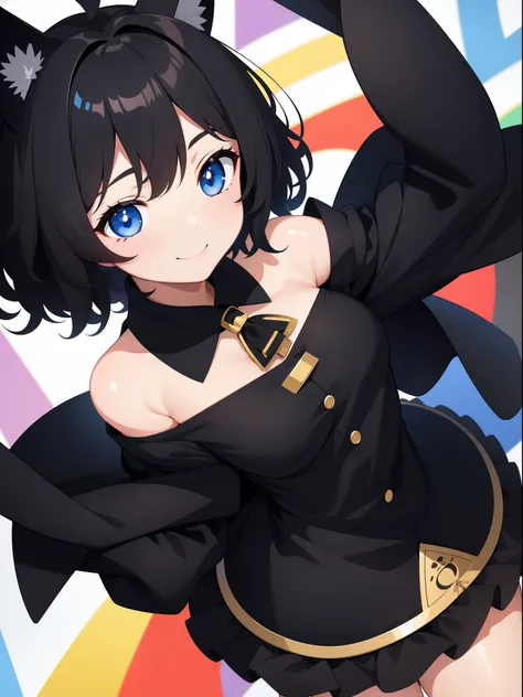 girl with、Chibi、((Best Quality, high_resolution, Distinct_image)),(Black hair), (Black cat ears), (Ahoge), (absurdly short hair), (Wavy Hair), (Blue eyes),、A smile、mideum breasts、Face up、