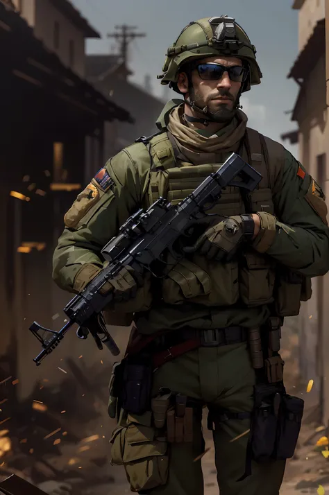 Soldado Arafed com um fuzil cor dourada e uma arma de ouro em uma cidade, soldados realistas, Wojtek FUS, soldado, soldado robusto, roupa de soldado, Fundo Warzone, equipamento militar realista, Arte conceitual como Ernest Khalimov, inspirado em Carl Gusta...