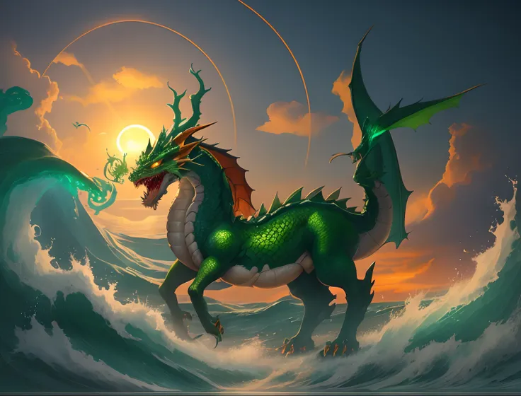 A dark green dragon with a long tail and tail is in the waves of the sea...,In the sea there are waves...,evening,Orange Sun,Orange Sun,evening, a dragon, Mythical Creatures, Mythical Creatures, Dragon Horned Curve!, anthropomorphic dragon, Chinese dragon,...