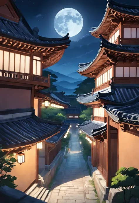 A moonlit courtyard in the heart of the Joseon Dynasty, adorned with traditional architecture and lush greenery.