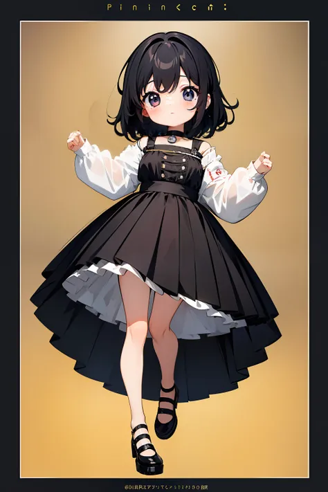 ((Best quality)), ((Masterpiece)),1 girl， animemanga girl，Q version characters，Infant body type，Very short in height，Black color hair，a black skirt，Musical notation，love heart