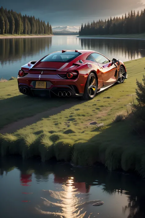 Red Ferrari 4k pixels,There are grass 4k pixels on the shore of the lake in moonlight