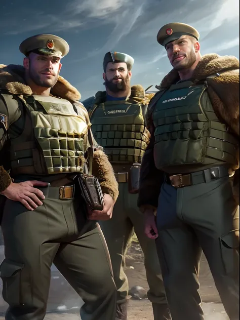 alternative future, three handsome muscular russian soldiers on vacation, 50 years, hairy bodies, alpha males, bulk huge biceps,...