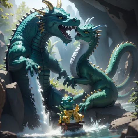 I water dragon Lego set, a water dragon firing water out of his mouth LEGO set, hyperrealistic, perfect realism of the Lego, awesome LEGO set, masterpiece, picture taken with a digital SLR camera, the water dragon LEGO set is perfect, the water dragon is b...