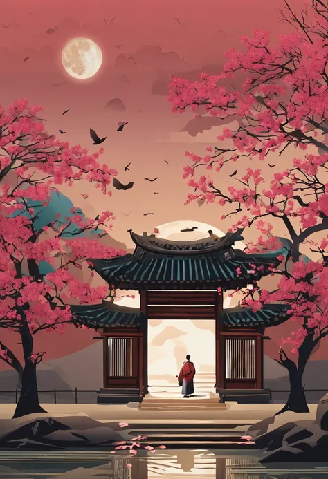 Create an enchanting and poignant image set in the Joseon Dynasty. The scene takes place in a serene courtyard illuminated by the gentle glow of traditional lanterns under the moonlit night sky. The courtyard is surrounded by classic architecture, and ston...