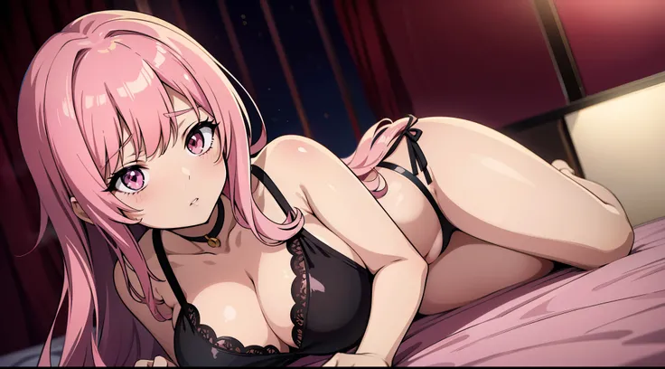 Anime, 4k, solo, 1person, pink long hair, bangs, pink eyes, big breast, seductive, cleavage, black lingerie, hot, night