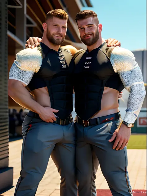 Alternative future, three handsome muscular Scandnavian soldiers on vacation, 50 years, hairy bodies, alpha males, bulk huge biceps, baseball pants, sunny stadium, snuggle together, threesome, sexy smile, 4k, high detailed, handsome, dark age, art by Stanl...