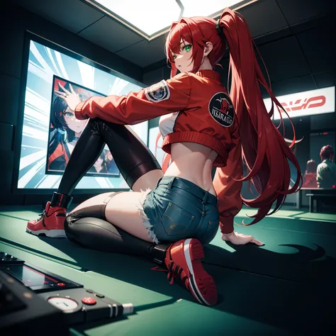 Full body shot, female asian Irina Shidou red hair twintails green eyes, in a game arcade, wearing a bomber jacket and crop top and denim shorts, playing on a playstation console on a big screen tv, side shot, back shot, shot from backside, behind shot, ma...