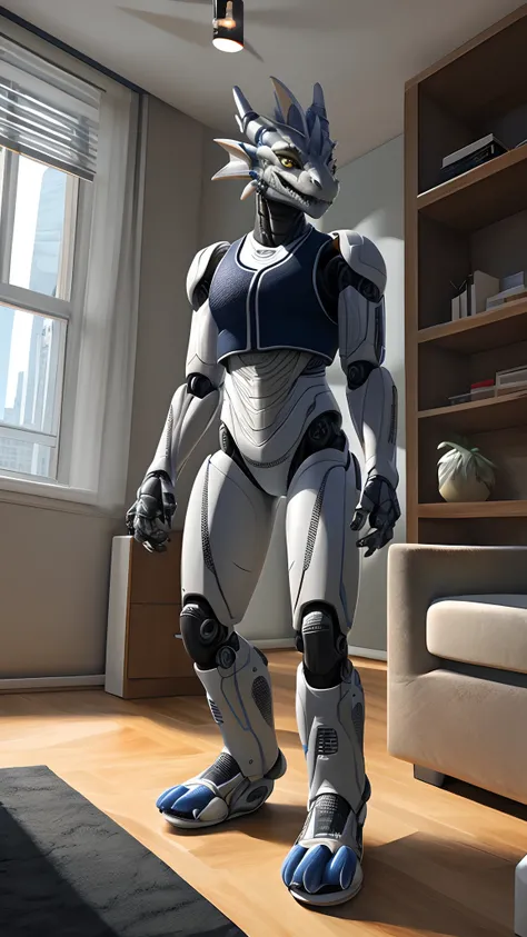 Bionic robot dragon，female，Gilet blanc，white  panties，slippers，Install the controlled chip in the apartment，HD graphics，Detailed and realistic，high detal，high qulity，photo-realistic，photorealistic eye，Detailed paws，Clear eyes，Masterpiece artwork